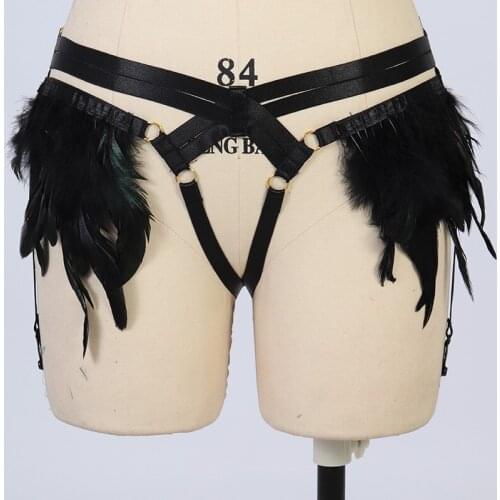 Elasticity Adjustable Feather Garter Belt Black Body Harness Bohemia Clothes Goth Garter Belt Rave Sexy Bondage Lingerie