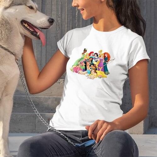 Disney Princess Cartoon Pattern Women T-Shirts Outdoor Summer New Short Sleeve Color T Shirt Female Harajuku Comfortable Fashion