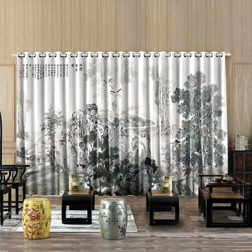 Personal Tailor 200x260cm 2x Window Drapery Scenery Curtains Window Dressing Tulle Trees Rockery Landscape Black White