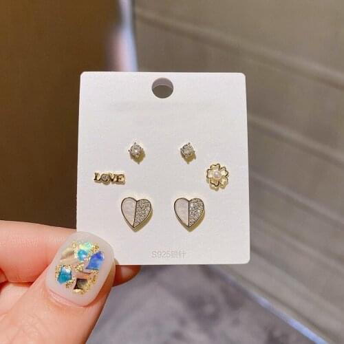 Exquisite CZ Crystal Love Flower Heart Earrings for Women Gold Color Plated Cubic Zirconia Stud Earrings Set