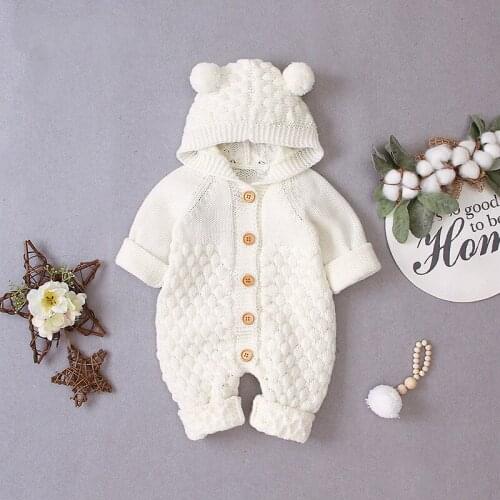 2019 Warm Newborn Baby Girls Boys Thick Rompers Knit Solid Long Sleeve Hooded Single Breasted Jumpsuits 0-24M