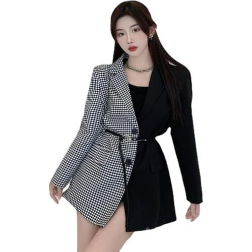 Houndstooth Patchwork Suit Women Jacket 2021 Feminina Jaqueta Autumn New Korean Elegant OL Long Sleeve Slim Wild Outwear Tops