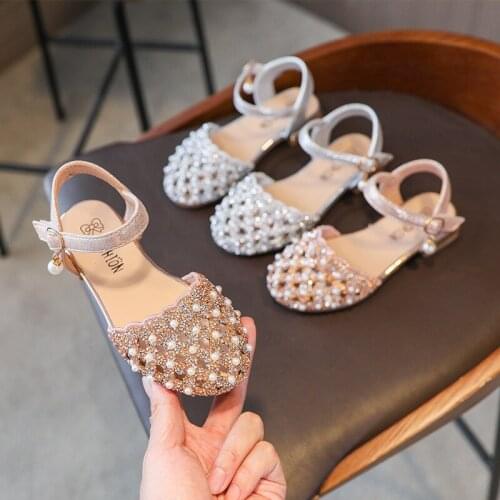 Summer Girls Shoes Bead Mary Janes Flats Fling Princess Shoes Baby Dance Shoes Kids Sandals Children Wedding Shoes