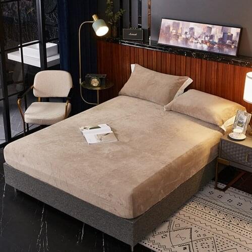 Soild Color Flannel Bed Sheets Winter Warm Plush Fitted Sheet Soft Mink Cashmere Bed Linen Mattress Cover Elastic Bedspread