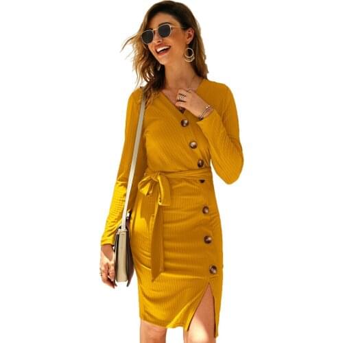 Autumn Knitted Dress For Women 2020 Sping Long Sleeve V-neck Sexy Dresses Womens Single-breasted Split Solid Dress Women
