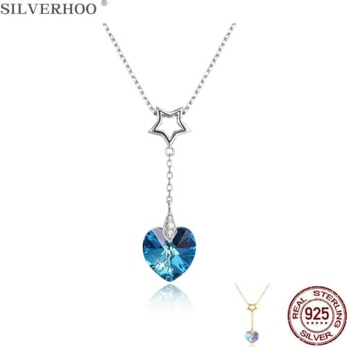 SILVERHOO Sterling Silver 925 Crystal Heart Pendant Necklaces For Women Star Double Chains Necklace Fashion Party Jewelry Best