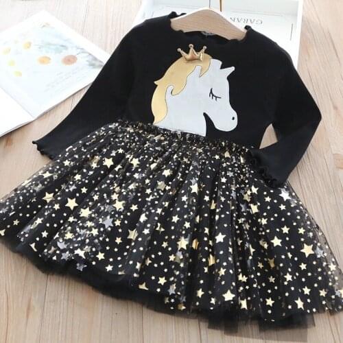 Girls Unicorn Dress New Style Autumn Casual Long Sleeve Dress with Star Sequins for Kids Children