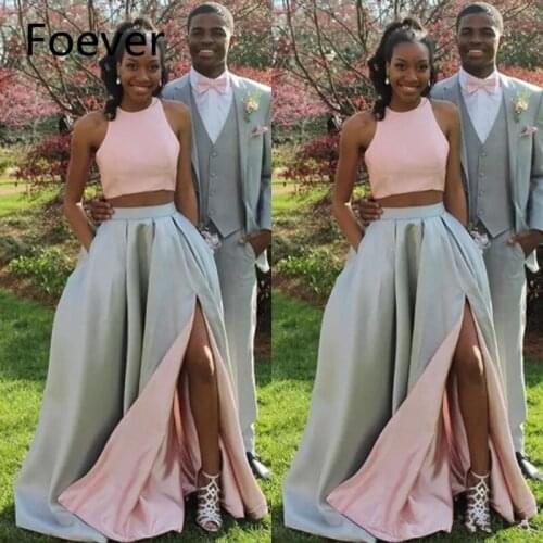 2019 Fashion Two Pieces Prom Dresses Long Formal Two Tone Blush Pink Silver Evening Party Gowns with Sexy Split and Pockets