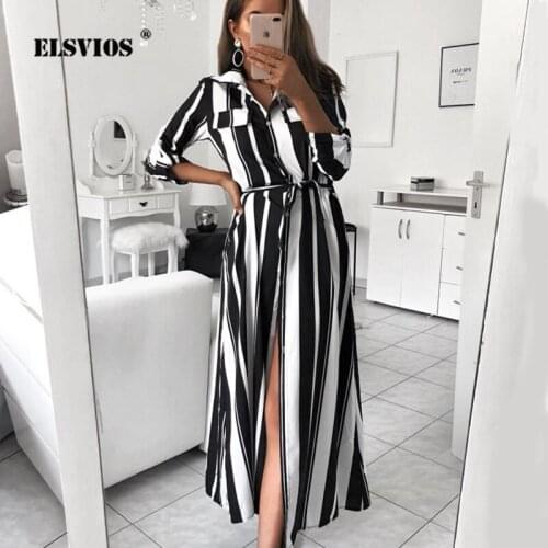 ELSVIOS Women Turn-down Collar Button Long Shirt Dress Summer Spring Striped Maxi Dresses Elegant Long Sleeve Party Dress Belt