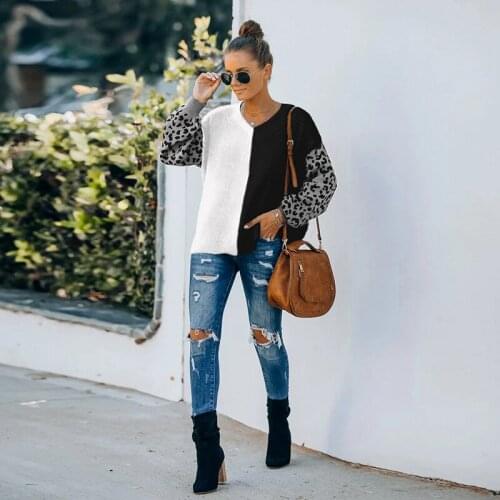 Women Casual Leopard Printed Color Contrast Pullover Sweater Long Sleeve O neck High Street Sweater 2021 Autumn Fashion Sweater