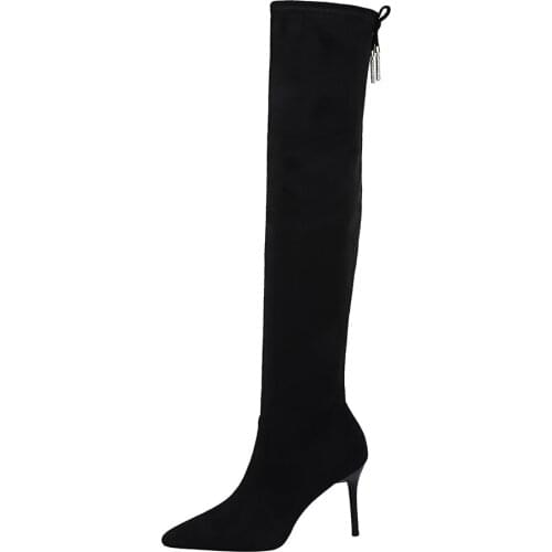 Thigh High Boots Women Knitwear Sock Shoes Laidies 10cm High Block Heels Pointed Toe Black Boots Elegent Party Office Footwear