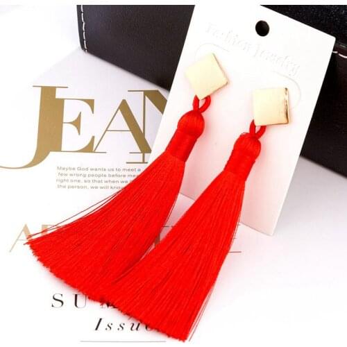 HOCOLE New Bohemian Crystal Tassel Earrings Black White Blue Red Silk Fabric Long Drop Dangle Tassel Earrings For Women Jewelry