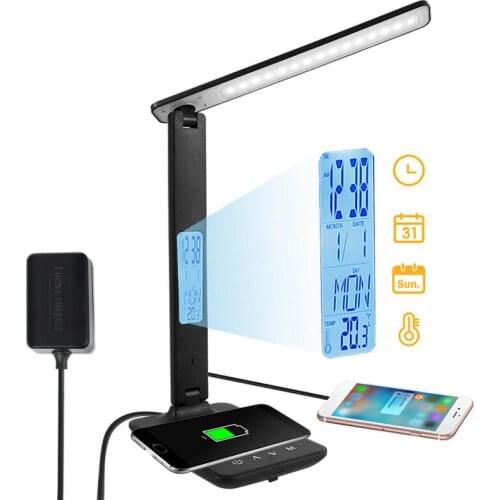 10W QI Wireless Charging LED Desk Lamp Calendar Temperature Alarm Clock Eye Protect Study Night Light Touch Control Table Lamp