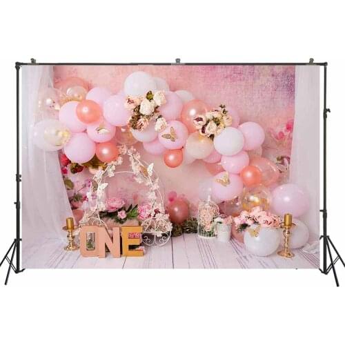 Spring Photography Backdrop Baby Girl One Year Cake Smash Portrait Background Pink Balloons Floral Flower Decor Studio Wallpaper