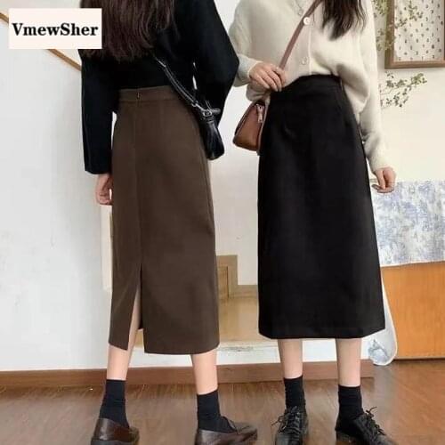 VmewSher New Elegant High Waist Woolen Skirts Plain Autumn Winter Women Split Hem Wool Long Skirts Solid Female Fashion Casual