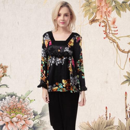 Womens Satin Pajamas Long Sleeve Pullover Black Flower Print Satin Pajama Sets Chinese Silk Pajamas Original Design Sleepwear