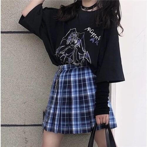 Gothic Vintage cartoon anime black print Harajuku summer fashion women punk short sleeve casual T-shirt Clothing Top Y2K