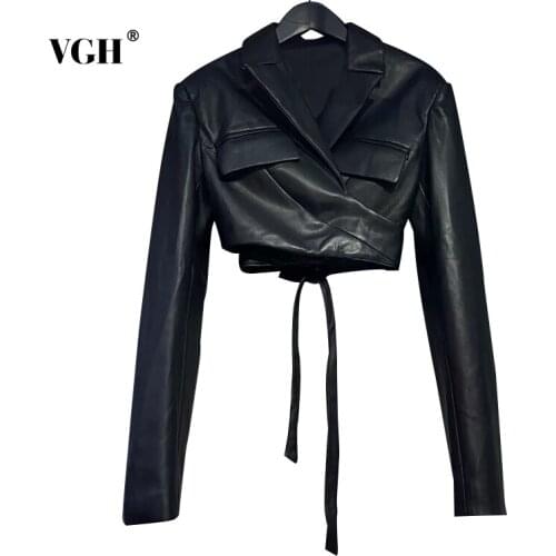 VGH Casual Black PU Leather Lace Up Short Womens Spring Jacket Lapel Long Sleeve Korean Fashion Solid Jackets Female 2021 Style