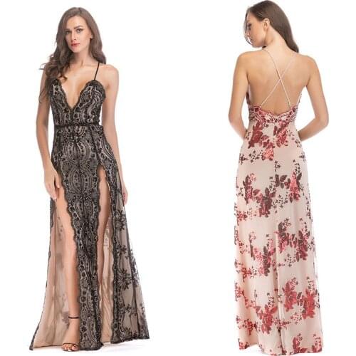 High Quality New Womens Sexy Deep V-Neck Backless Dress Elastic Sequined Split Dress Women Clothes Vestidos De Fiesta Dress