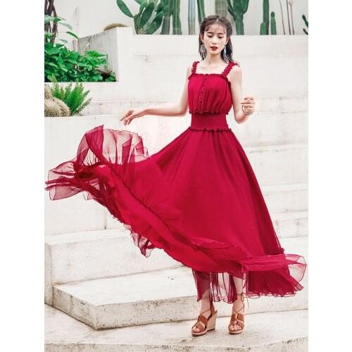 Free Shipping 2020 New Fashion Women Chiffon Long Maxi Sleeveless Summer Boshow Bohemian Wine Red Ruffles Dress Bandage S-L