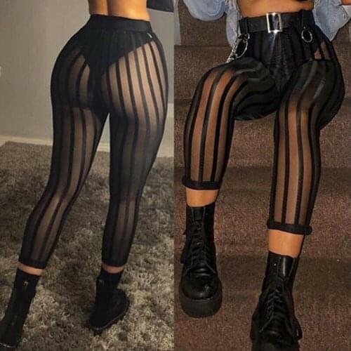 2021 Sexy Mesh Striped Leggings Womens High Waist Striped Mesh See-through Pants Knee-length Slim Trousers Club Wear Trousers