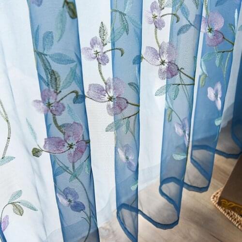 American Curtains for Living DiningRoom Bedroom Idyllic Blue Fresh Flower EmbroideryTulle Curtain Finished Product Customization