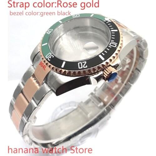 Bliger 904L stainless steel rose gold strap bracelet with 40mm sapphire glass ETA mingzhuji NH36 MH35 case, bezel black green