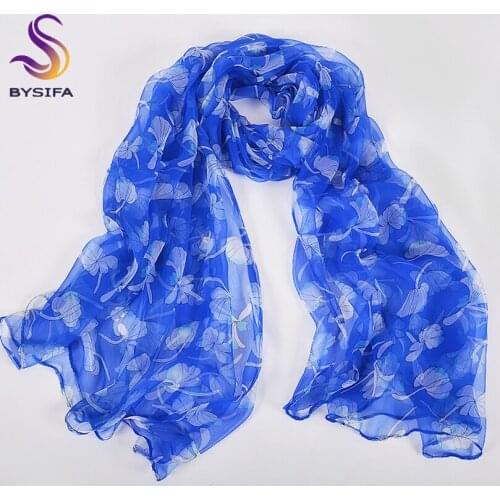 [BYSIFA] Blue Women Silk Scarf Head Scarf Fashion Accessories New Spring Elegant Silk Long Scarves Summer Ladies Beach Shawl