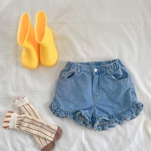 2021 Girl Child Shorts Summer New Sweet Thin Pure Color Jeans Children Ear Edge Korean Shorts