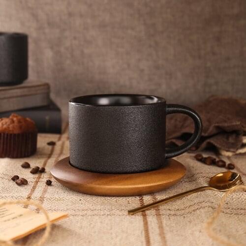 300ml Retro Ceramic Black Coffee Cup with Base Luxury Black Frosted Mug with Spoon Japanese Office Afternoon Tea Tea Cup Single