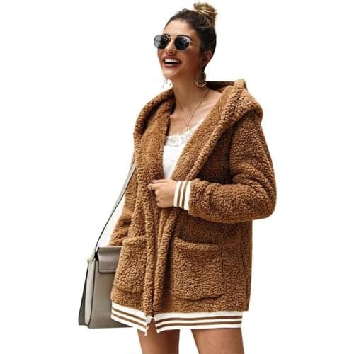 2021 New Year Spring Faux Fur Teddy Bear Coat Jacket Women Fashion Open Stitch Hooded Coat Female Long Sleeve Fuzzy Jacket Coat