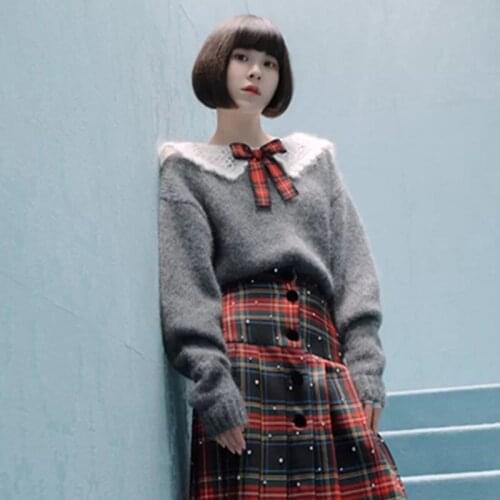 Preppy Style Cute Women Grey Sweater 2021 Autumn Bows Lace Lapel Loose Lazy Knitted PUllover Jumper Sweaters