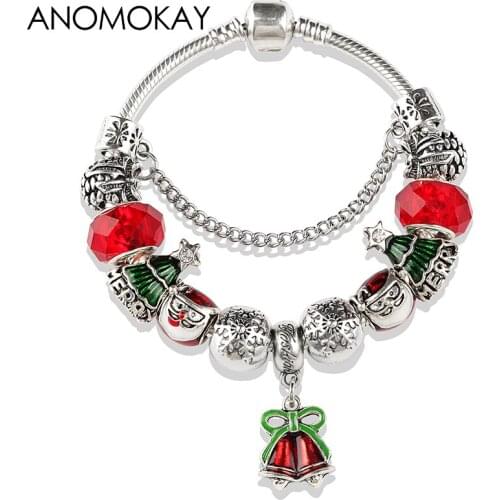 European & American Trendy Christmas Bell Pendant Charm Bracelet Silver Plated Snowflake Bead Bracelet Red Santa Claus Bracelet