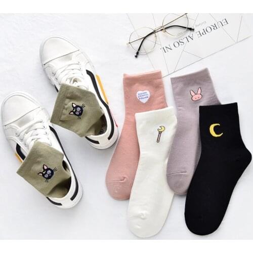 Women Solid Lovely Patterned Harajuku Socks Cotton Casual Cute Cat New Year Gift Socks For Female Sweat Absorption Breathable