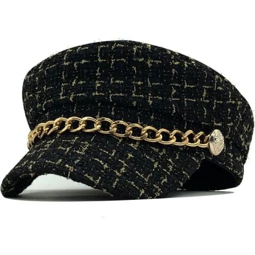 2022 New Wool Women winter Hats Tweed Plaid Newsboy Caps Chain Flat Top Visor Cap Vintage Plaid Military Cap