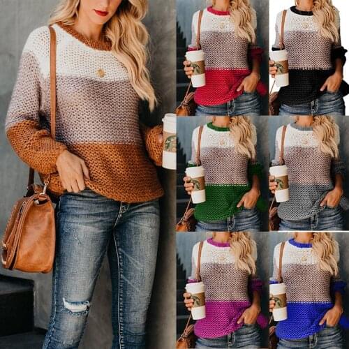 2020 Autumn New Long-Sleeved Sweater Stitching Round Neck Pullover Loose Sweater Female Royal Blue Black Brown Gray Green Red