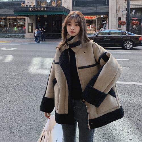 Lamb wool Coat Parkas Womens Winter 2021 Loose Short Grain fleece Thick Stitching Jacket Warm Motorcycle Female Outwear Tops