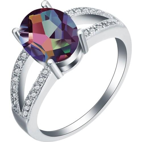 UFOORO Rainbow hollow wedding ring size 6-9 oval birthstone with CZ stone elegant Valentines Day gift best promise for women