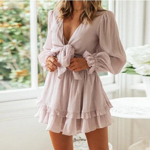 Fashion Elegant White Pink Female Mini Dress Women V-Neck Hollowed Long Sleeve Sexy Solid Bow Dress Boho Sundress Vestidos