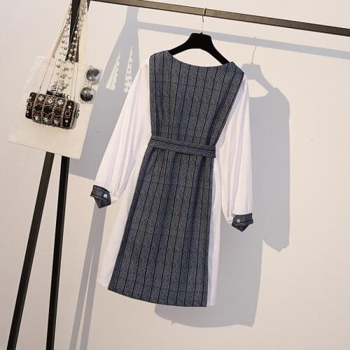 Plus Size Women Korean Dress Autumn 2019 Fashion Cotton Long Sleeve Patchwork Print Loose Casual Ladies Dresses L-4XL