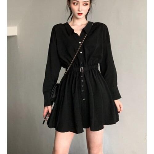 Zoki Black Women Spring Mini Dress Elastic High Waist Long Sleeve Casual Shirt Dress Fashion Single Breasted Party Vestidos 2021