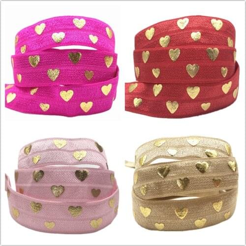 10yards 15mm Gold Foil Love Heart Print Fold Over Elastic FOE Ribbon Diy Headwear tie Sewing Wedding Decoration Accessories
