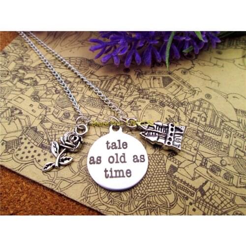 12pcs/lot Fashion stainless steel tale as old as time antique silver beauty/castle Princess Inspired Bridesmaid necklace