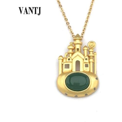 VANTJ Elegant Natural Jasper Pendant Real 925 Silver Castle Necklace Fine Jewelry for Women Lady Party Wedding Gift whit Box