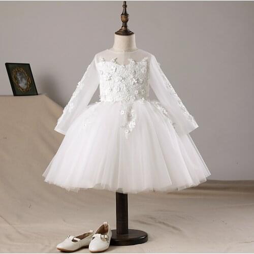 Floral Tulle Princess Dress Kids Girl Wedding Pageant Party Long Sleeve Beads Gown Flower Girls Evening First Communion Costume