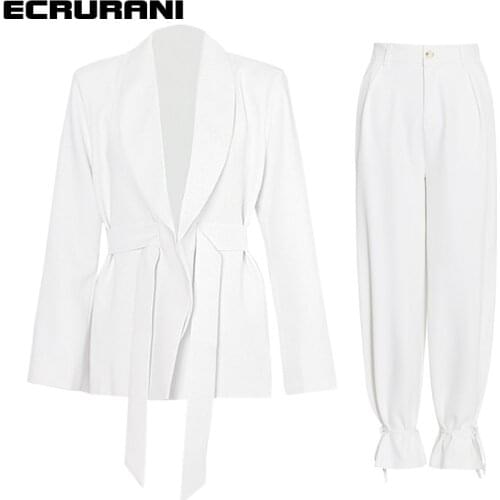 ECRURANI White Casual Two Piece Set For Women Notched Long Sleeve Blazer High Waist Pants Solid Sets Female Summer Clothing 2021