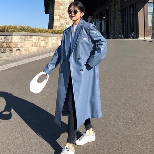 Plus Size Cool Girl Blue PU Long Jacket Korean Fashion Double Breasted Faux Leather Spring Jackets Women Trench Coat