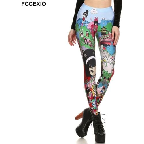 FCCEXIO High Quaily Elasticity Japanese Anime Printed Fashion Slim fit Legging Workout Trousers Casual Pants Leggings for Women
