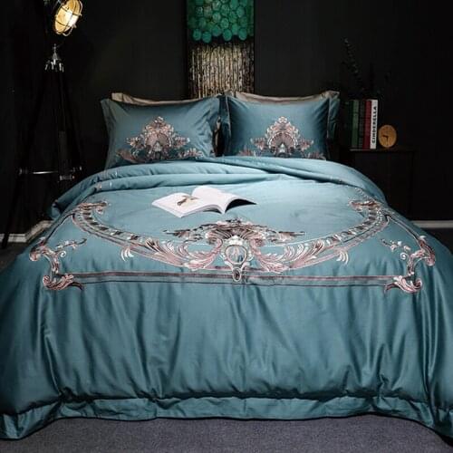 Blue 120S Egyptian Cotton Luxury Embroidery Royal Bedding Set King Queen Wedding Bed Sheet Cover set Duvet Cover 4/6pc
