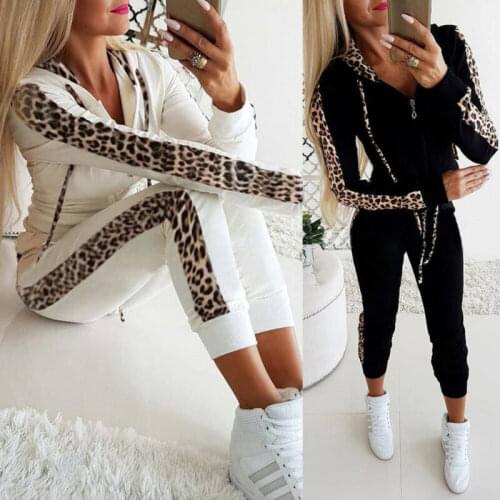 Fashion Women Winter Autumn Hoodies Sports Tops Pants 2Pcs Tracksuit Leopard Sweatshirt Sweat Suit Jogging